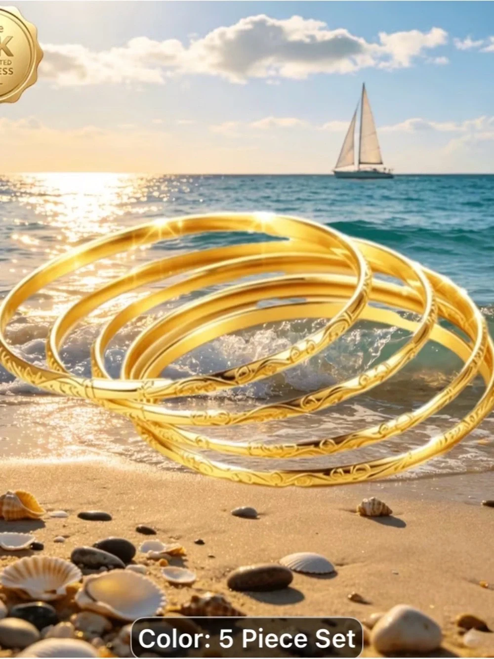 18k Gold Textured Bangle Bracelet Set - 5 Piece Women’s Jewelry